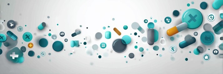 Poster - Bright Minimal Pills and Health Icons Move in a Circular Pattern Representing Wellness and Healthcare Concepts in a Contemporary Design