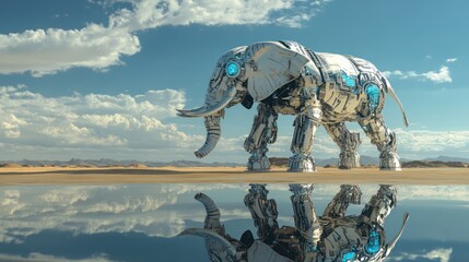 Majestic mechanical elephant strides across the desert.