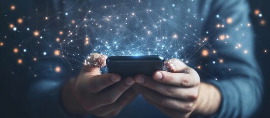 a hand holding a smartphone with a glowing network of lines and points emerging from it