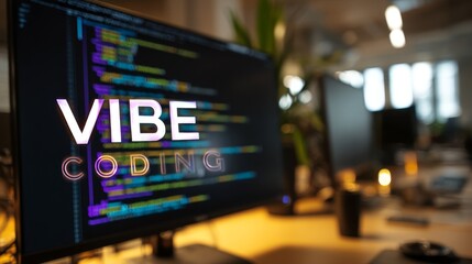 VIBE CODING displayed on monitor in modern office setting