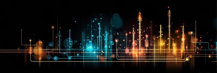 Leinwandbilder - Dynamic Oil Pipeline Outlines With Glowing Dots on a Dark Background Showcasing Energy Infrastructure Design