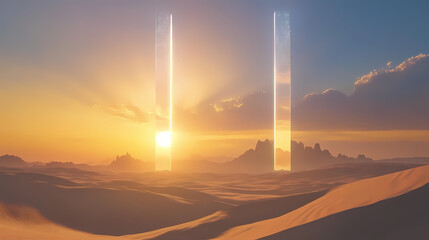 Wall Mural - a tranquil desert glowing softly under twin suns. radiant dunes ripple gently, and towering crystall