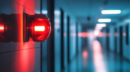 Wall Mural - close-up of a red emergency alarm light in a dimly lit corridor with blurred background, focusing on