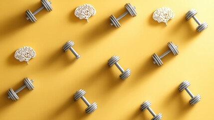 Poster - Brain Engaging in Mental Fitness While Lifting Dumbbells Against a Sunny Yellow Backdrop Promoting Cognitive Enhancement and Health Awareness
