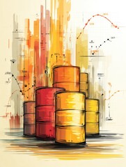 Poster - Stylized Abstract Representation of Barrels and Oil Graphs Highlighting Market Trends and Energy Dynamics
