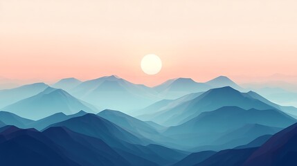Wall Mural - Sunset over misty mountain range.