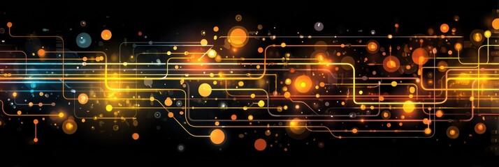 Aufkleber - Abstract Glow of Oil Pipeline Outlines on a Black Background With Vibrant Dots Illuminating the Design at Nighttime