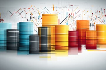 Poster - Abstract Representation of Oil Market Dynamics With Colorful Barrels and Graphs Depicting Trends in Energy Pricing