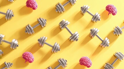 Poster - Brain Lifting Dumbbells on Sunny Yellow Background Symbolizes Mental Training and Cognitive Strength Development During Workout Sessions