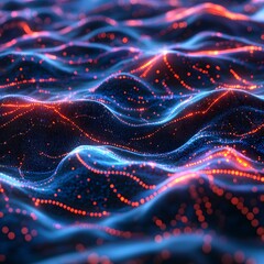 Fototapete - Vibrant digital waves, glowing with blue and orange energy. Abstract 3D rendering of data flow. Futuristic Technology Backgrounds Abstract Digital Glowing Pathways of Data