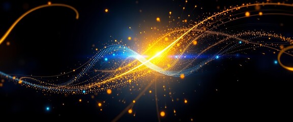 Wall Mural - abstract dark blue and yellow digital particle wave animation; glowing light streaks on cyber tech b