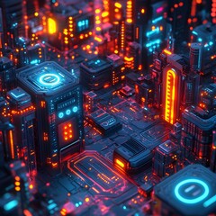 Leinwandbilder - A vibrant digital city glowing with neon lights, showcasing futuristic architecture and technology. Futuristic Technology Backgrounds