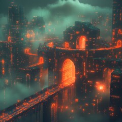 Leinwandbilder - A digital painting of a futuristic city nestled amongst clouds, glowing with neon lights. Cyberpunk inspired. Futuristic Technology Backgrounds Pathways of Secure Data Streams Gateway
