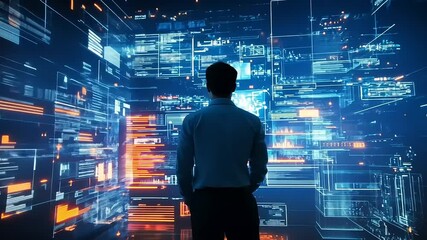 exploring digital frontier: man confronting immersive technology data visualization
