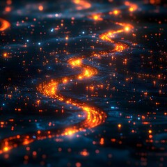Leinwandbilder - Abstract digital art depicting a glowing river of light winding through a dark, particle-filled landscape. Serene and futuristic. Futuristic Technology Backgrounds Abstract Digital Network Landscape