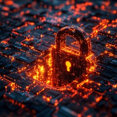 Aufkleber - Abstract 3D rendering of a glowing padlock embedded in a circuit board, representing digital security and data protection. Futuristic Technology Backgrounds. Cybersecurity Digital Lock