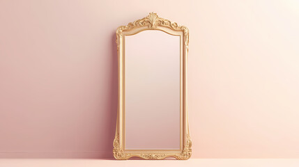 Wall Mural - golden vintage baroque-style frame mirror standing on the floor against a light pink wall, front vie