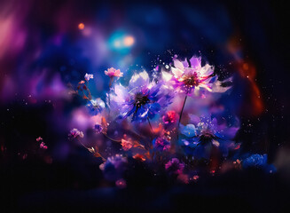 Fototapete - A vibrant cluster of flowers bursts with color against a dark, dreamy backdrop. Light dances across delicate petals, creating a magical and artistic floral scene.