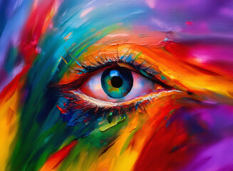 Poster - A vibrant, colorful eye emerges from abstract strokes, suggesting an emotion with a spectrum of hues. The artwork evokes a sense of depth and fascination, offering hints of hidden meanings.