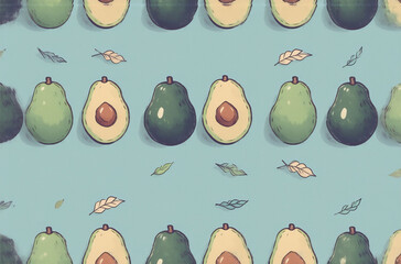 Poster - A repeating pattern of whole and halved avocados on a light blue background, interspersed with leaves.  Perfect as a fun avatar or social media graphic.