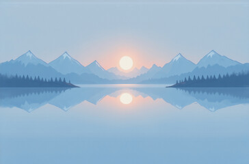 Aufkleber - Serene landscape avatar: a minimalist depiction of a sun setting behind snow-capped mountains reflected in a calm lake.  The scene evokes tranquility and peace.