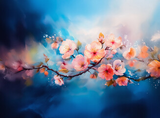 Aufkleber - A branch adorned with delicate pink and peach blossoms is set against a dreamy, soft blue backdrop. The artistic rendering evokes a serene and tranquil atmosphere.
