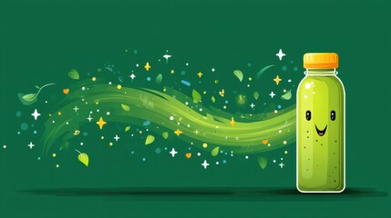 Aufkleber - Green Smoothie Bottle With Cheerful Face and Sparkle Trail Creates a Refreshing Vibe in a Vibrant Setting
