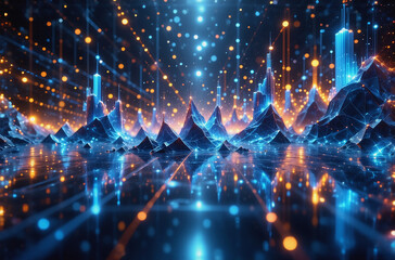 Leinwandbilder - Image shows a digital landscape with glowing peaks reflected in a mirrored surface.  Orbs and lines of light create a futuristic, vibrant scene. The scene glows with azure and amber light.
