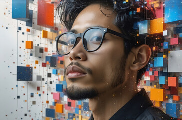 Aufkleber - A person with glasses gazes thoughtfully. Colorful pixelated cubes surround him. Digital world exploration. The image creates a feel of curiosity.