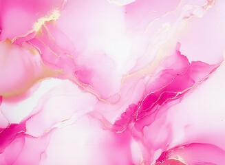 Poster - Delicate pink and gold fluid art background. Swirling waves of light and dark pink blend with shimmering gold accents creating an elegant and abstract design.