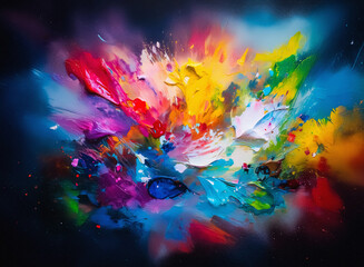 Poster - A vibrant splash of colors, hinting at a burst of creativity and imagination. The artwork features an abstract expression of mixed paints in a dynamic explosion of hues. The play with lights and darks