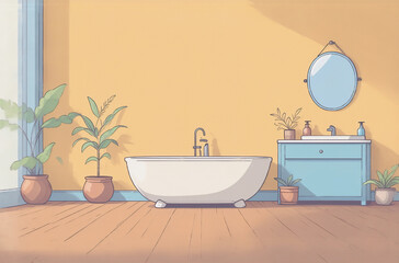 Poster - Sunlit bathroom interior, featuring a clawfoot tub, potted plants, and a teal vanity.  Perfect as a calming avatar background.