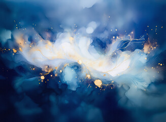 Aufkleber - Hint: The image evokes a sense of ethereal beauty.

Abstract artwork with swirling, flowing shapes. It uses a blue and gold color palette. The scene has a dreamy and ethereal feel, with light and dark
