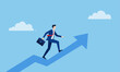 © Fendi - A vector illustration depicting a businessman in a blue suit and red tie, carrying a briefcase, running upwards along a large blue arrow that is pointing diagonally upwards.