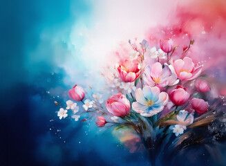 Aufkleber - A dreamy watercolor floral arrangement with pink tulips and delicate white blossoms against a soft blue and pink backdrop.