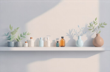 Poster - A minimalist shelf displays various bottles and vases with small leafy plants, bathed in soft sunlight.  This serene scene creates a calming, spa-like avatar.