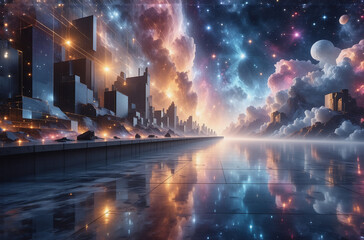 Aufkleber - A cityscape reflects in the celestial waters. Glowing lights pierce the futuristic metropolis. Hints of a cosmic nebula swirl above, as a mysterious planet hovers. This vision suggests a dreamlike lan