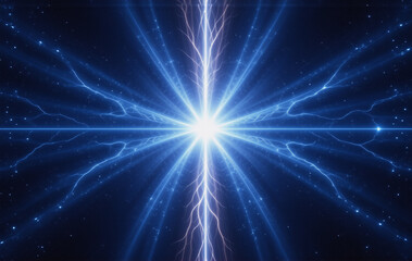 Poster - A radiant, celestial burst of blue energy explodes outward, creating a symmetrical pattern of light and cosmic sparks against a dark background.  The image evokes feelings of power and wonder.