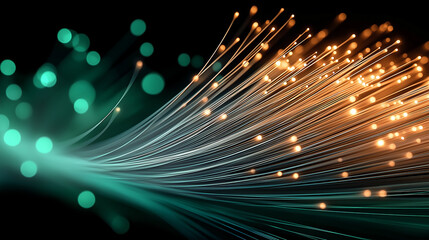Poster - Fiber optic cables transmitting data with blurry lights in background
