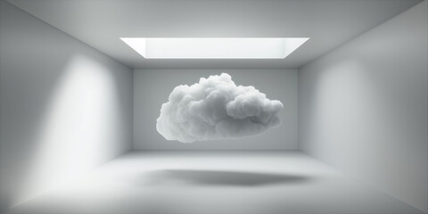 Poster - White cloud floating in minimal white room with skylight