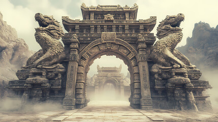Wall Mural - ancient gate carved stone dragon reliefs 3d render scene video game concept background illustration 