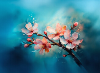 Fototapete - Here's a description and keyword list:

A close-up view displays a delicate floral branch, with soft pink petals against a dreamy blue backdrop. The painting style brings a sense of serenity and elega