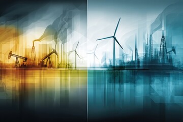 Poster - Futuristic Concept Showing the Coexistence of Green Energy and Petroleum in a Split-Screen Design Portraying Contrasting Environments