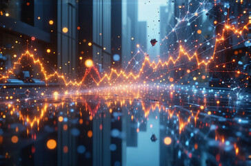Aufkleber - Here's a description and keywords:

Abstract cityscape glows with a data visualization, reflecting the energetic digital world. Hints of structures interact with the data flow creating a vibrant netwo