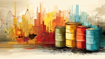 Leinwandbilder - Stylized Barrels With Vibrant Colors and Oil Graphs Representing Market Trends in an Abstract Setting