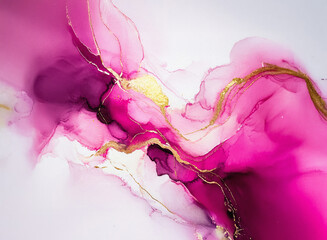 Poster - Vibrant abstract fluid art. Hints of gold details intertwine with shades of pink and magenta, creating a dynamic and flowing visual experience. The composition appears on a light background.