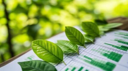 Aufkleber - Green leaves arranged on financial graphs, representing sustainable growth and eco-friendly business.