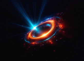 Poster - A cosmic display of energy showcases a bright ring, emitting brilliant light and color in a swirling space-time. The vibrant aura captivates in the darkness.