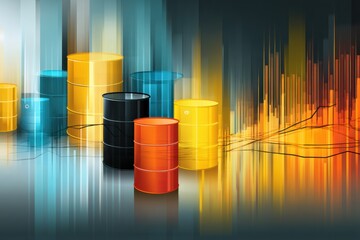 Poster - Abstract Representation of Oil Barrels and Market Trends in a Stylized Background With Vibrant Colors and Fluid Shapes