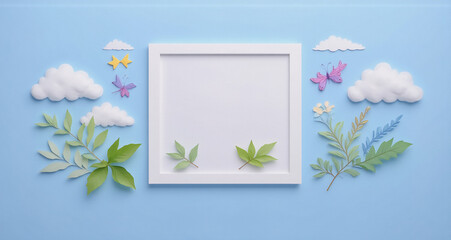 Fototapete - Here's a description for the image with keywords:

A delightful spring scene with a central empty white frame surrounded by whimsical handmade elements including leaves, clouds, butterflies, and flora